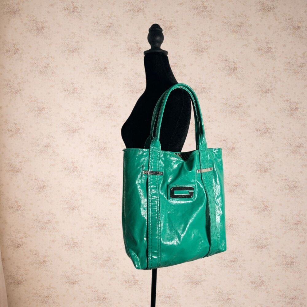 Vintage GUESS Green Tote Shoulder Bag Big G Logo Zebra Print Y2K McBling Glam